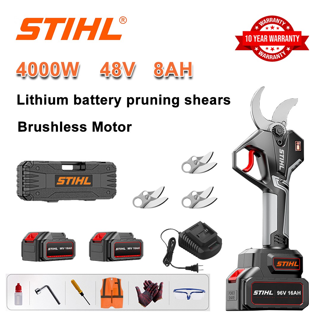 4000 W-os kefe nélküli lítium akkumulátoros metszőolló + 48V8 Ah akkumulátor*2 + SK9 ötvözött penge*3 + töltő + LED táp kijelző + szerszámos doboz + kenőolaj + védőszemüveg + 10 év garancia