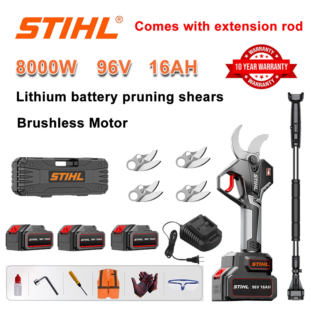 [hosszabbító rúd 1,5-5 m] Metszőolló 8000 W-os kefe nélküli lítium akkumulátorral + 96V16 Ah akkumulátor * 3 + SK9 ötvözet penge * 4 + töltő + LED teljesítmény kijelző + szerszámos doboz + olajos kenőanyag + védőszemüveg + 10 év garancia