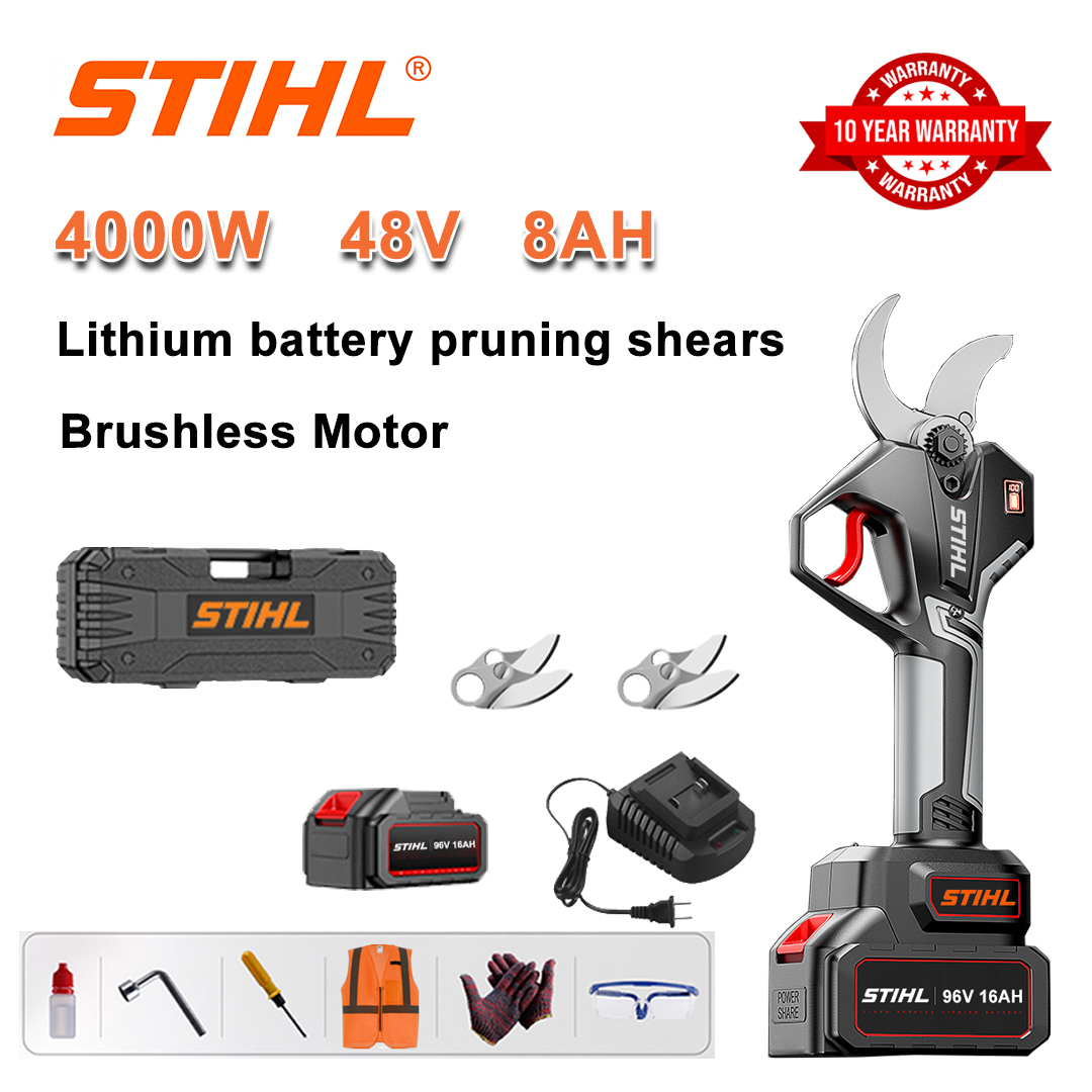Tijeras de podar con batería de litio sin escobillas de 4000W + batería de 48V 8Ah + cuchillas de aleación SK9*2 + cargador + pantalla de alimentación LED + caja de herramientas + lubricante + gafas + garantía de 10 años