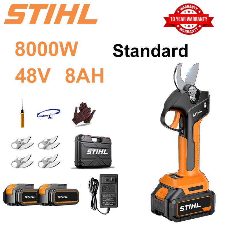 Tijeras de podar de batería de litio sin escobillas de 8000 W + batería de 48 V 8 Ah * 2 + cuchilla de aleación sk9 * 4 + cargador + pantalla LED de potencia + caja de herramientas + aceite lubricante + gafas protectoras + garantía de 10 años