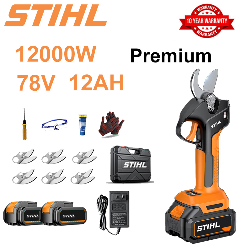 Tijeras de podar de batería de litio sin escobillas de 10000 W + 2 baterías de 78 V 12 Ah + 6 cuchillas de aleación SK9 + cargador + pantalla LED de potencia + caja de herramientas + aceite lubricante + gafas protectoras + 10 años de garantía