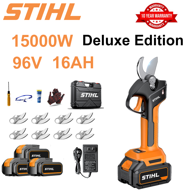 Tijeras de podar de batería de litio sin escobillas de 15000 W + batería de 96 V 16 Ah * 3 + cuchilla de aleación sk9 * 8 + cargador + pantalla LED de potencia + caja de herramientas + aceite lubricante + gafas protectoras + garantía de 10 años