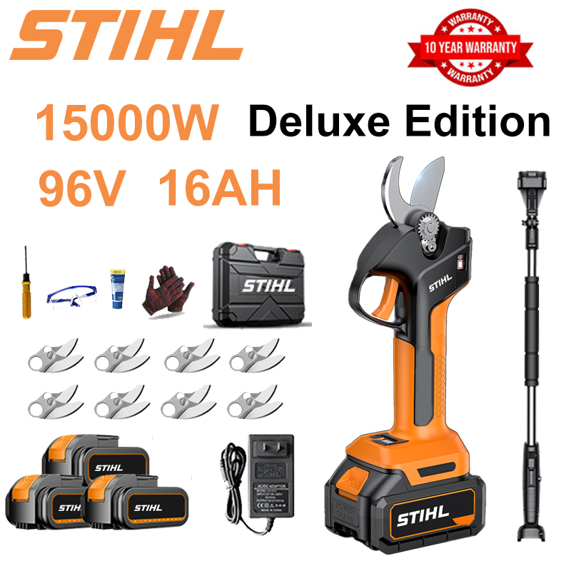 [Varilla de extensión 1,5 ~ 5 m] Tijeras de podar de batería de litio sin escobillas de 15000 W + batería de 96 V 16 Ah * 3 + hoja de aleación sk9 * 8 + cargador + pantalla LED de potencia + caja de herramientas + aceite lubricante + gafas protectoras + garantía de 10 años